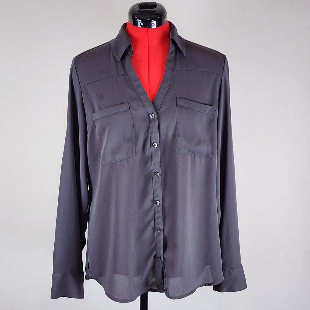 ​Express Dark Gray Button Down Shirt Blouse Women's Medium Roll Tab Sleeves